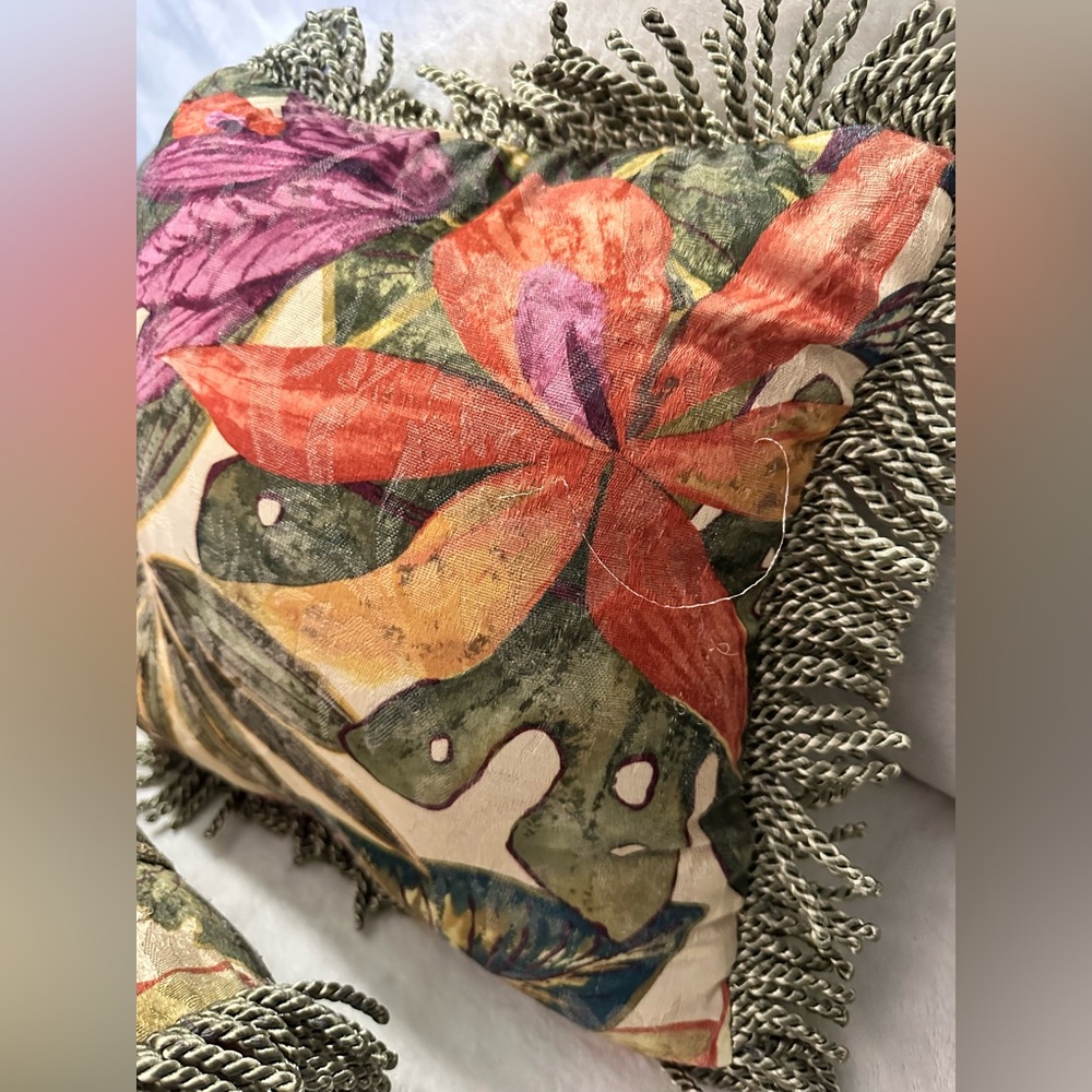 Vintage Tropical Fringe Pillow Set 3 Botanical Floral Bolster Decor Boho - Picture 2 of 4